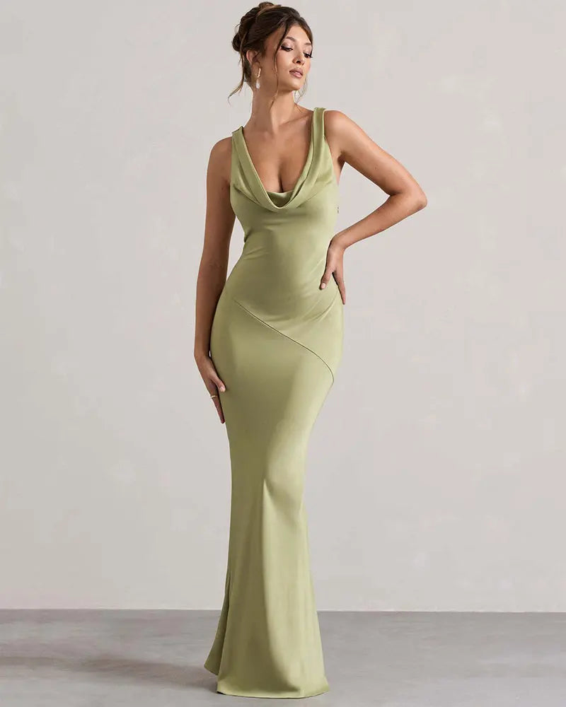 שמלת מקסי סאטן בעיצוב צווארון נופל וגב פתוח - אלקסיס