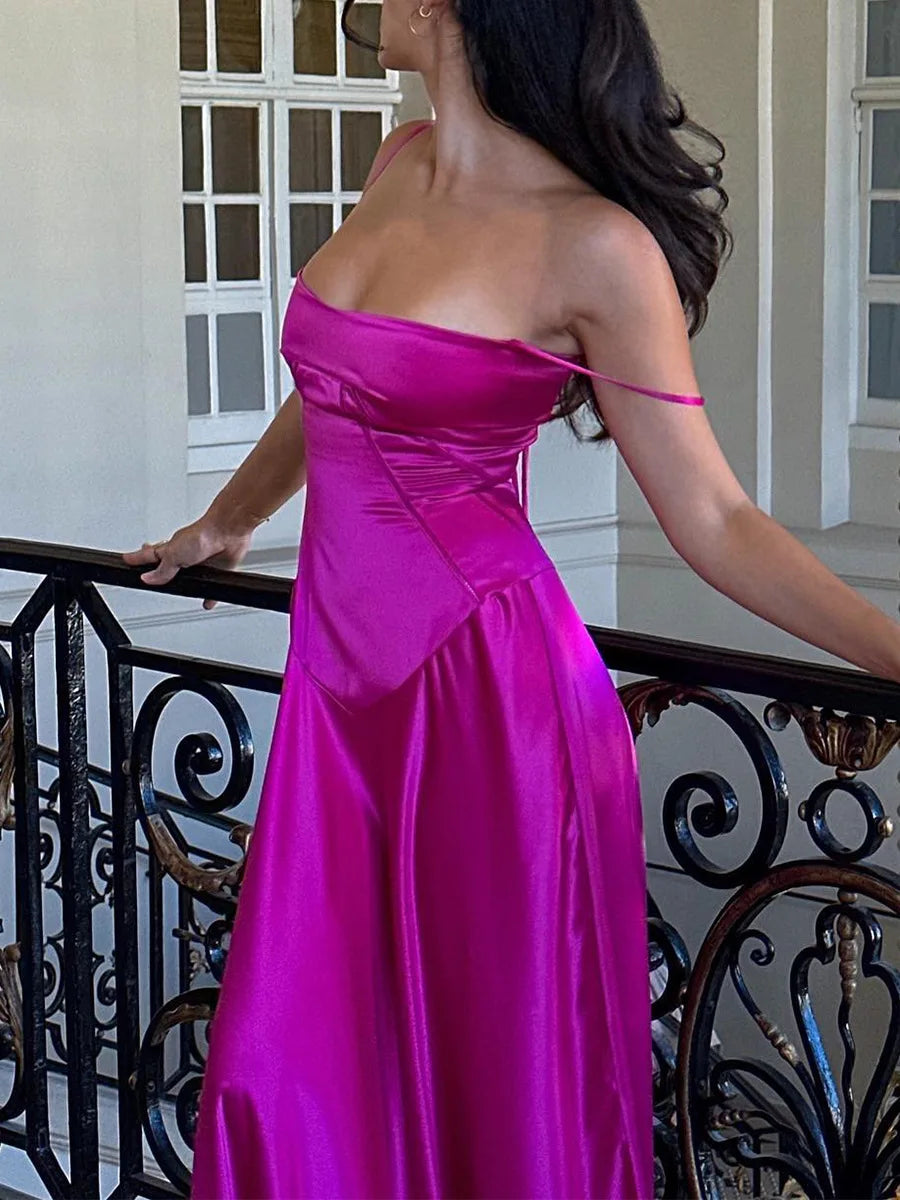 שמלת מקסי סאטן קשירה בגב להצמדה במותן - Lilia