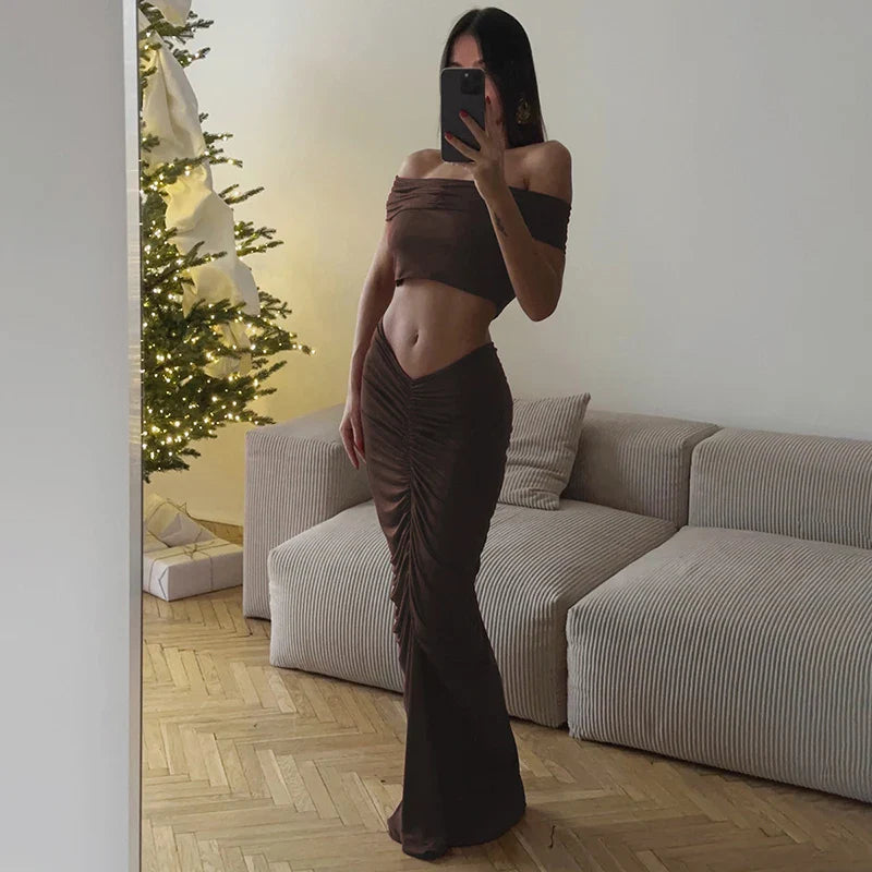 סט בעיצוב כיווצים חצאית מקסי וטופ כתפיים חשופות - מאור