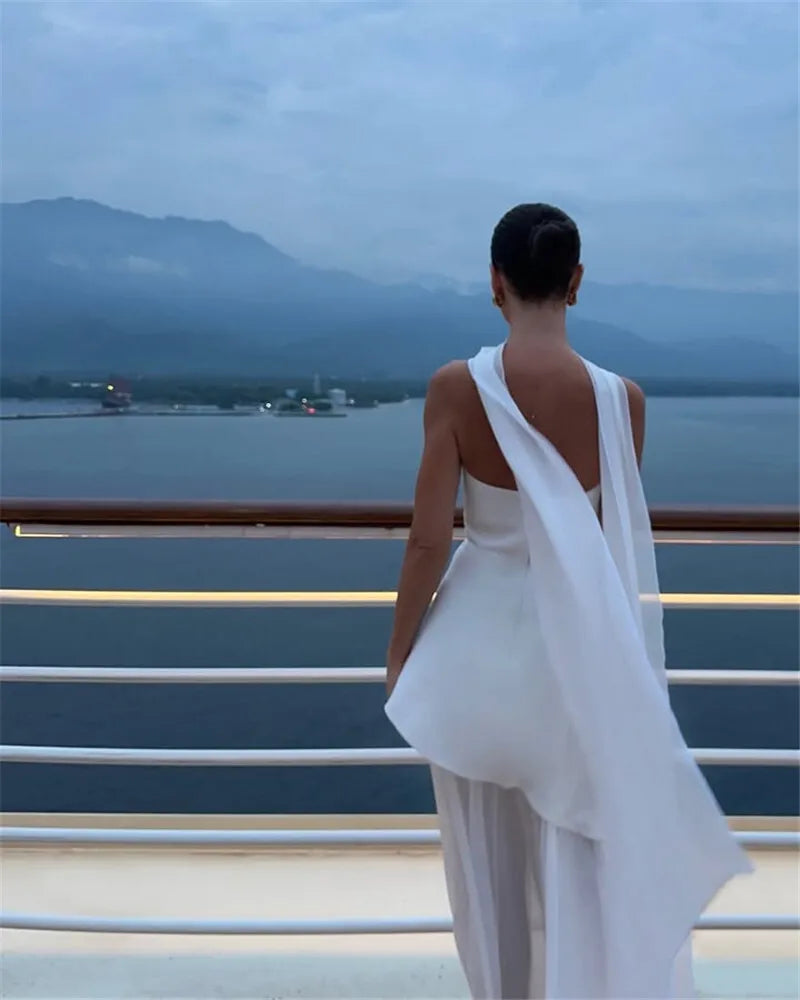 שמלת מקסי סטרפלס חלק תחתון שיפון בעיצוב שסע בעיטור צעיף תואם - Princess