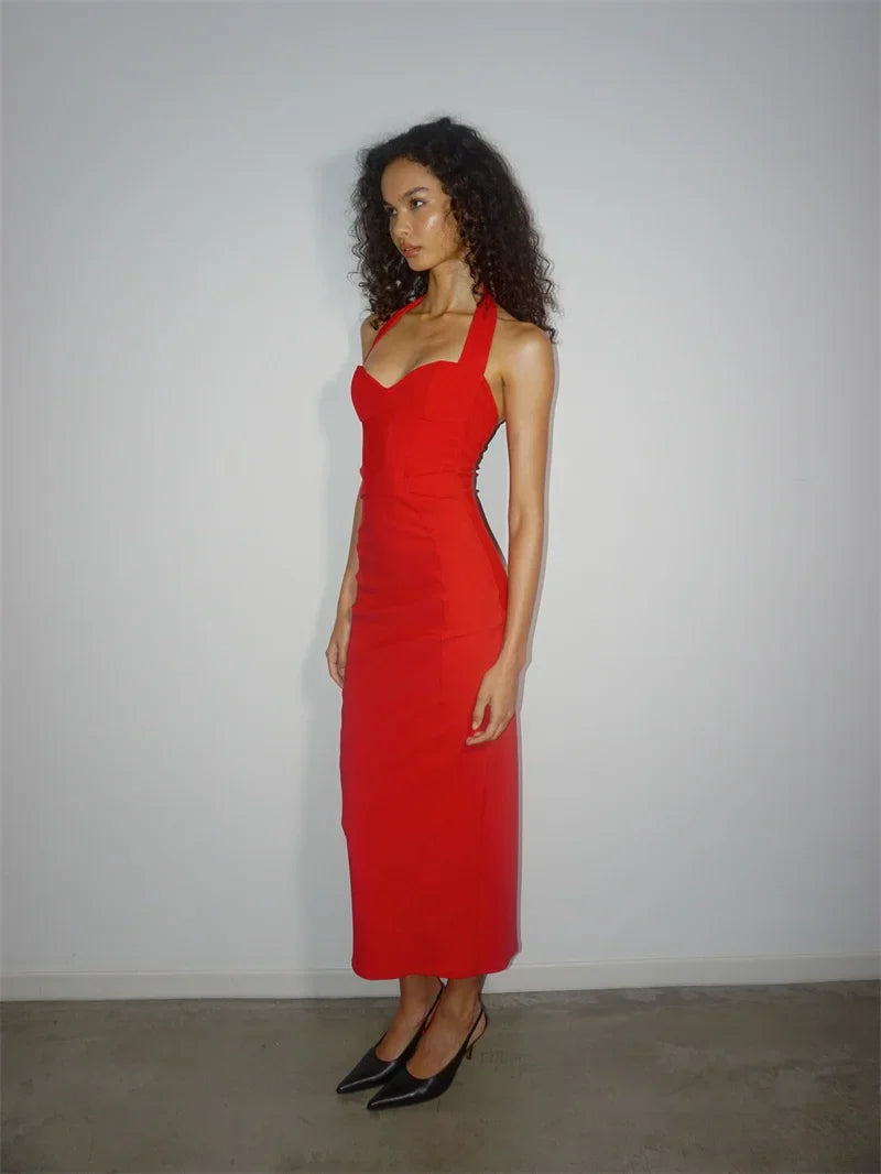 שמלת מקסי צמודה גב פתוח בד מחטב - רונית