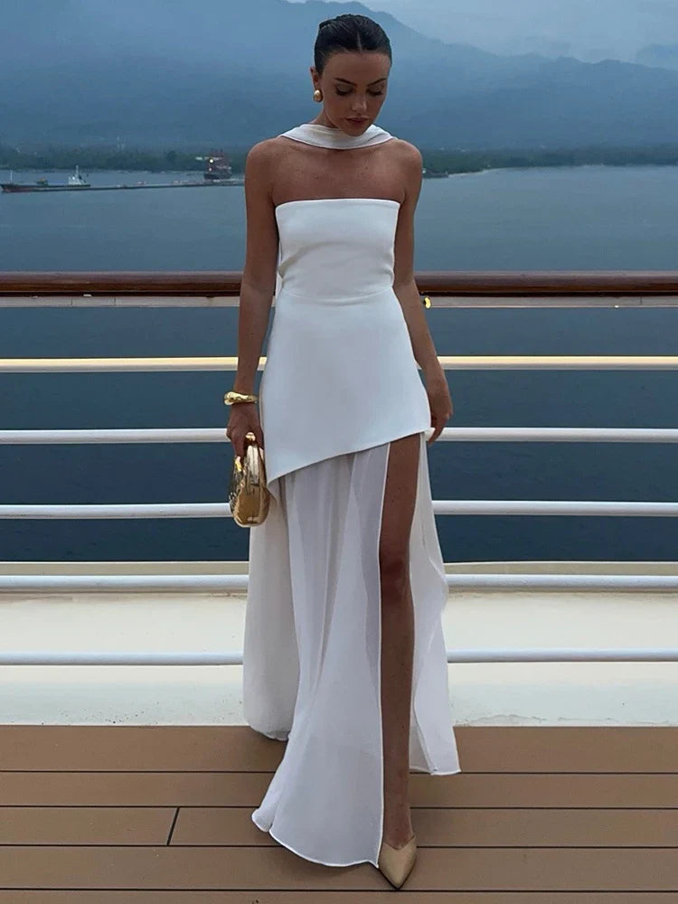 שמלת מקסי סטרפלס חלק תחתון שיפון בעיצוב שסע בעיטור צעיף תואם - Princess