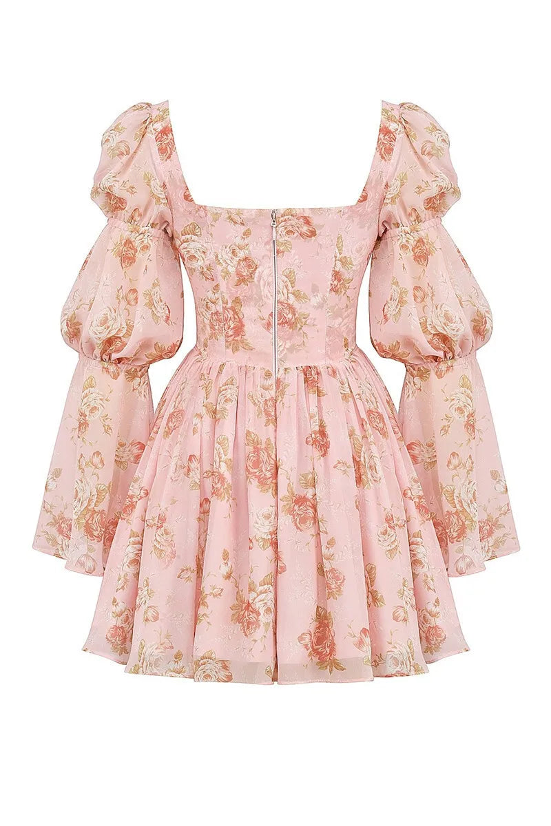 שמלת מיני שיפון פרחונית בגזרת A שרוולי פעמון - פלורנסיה