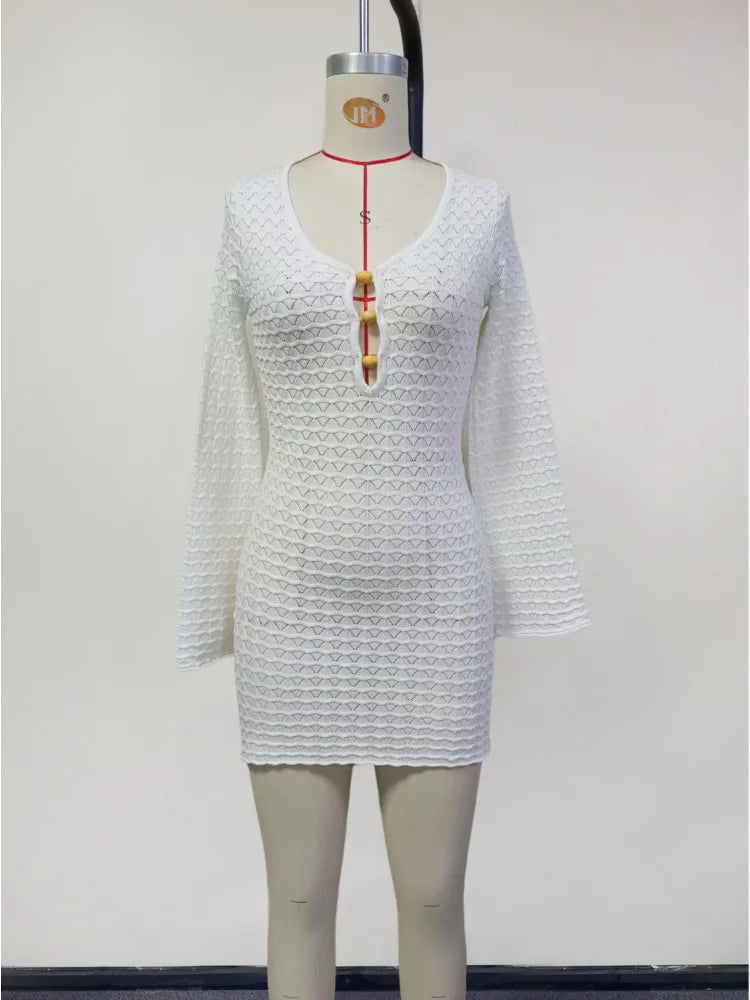 שמלת חוף מיני סרוגה בעיטור חרוזי עץ - Marisol