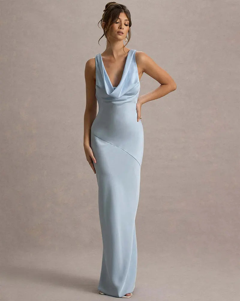 שמלת מקסי סאטן בעיצוב צווארון נופל וגב פתוח - אלקסיס