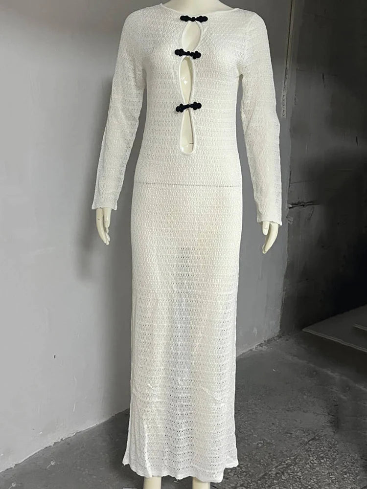 שמלת מקסי חוף סרוגה בעיטור סיכות בעיטור קשירה בגב פתוח - Mikayla