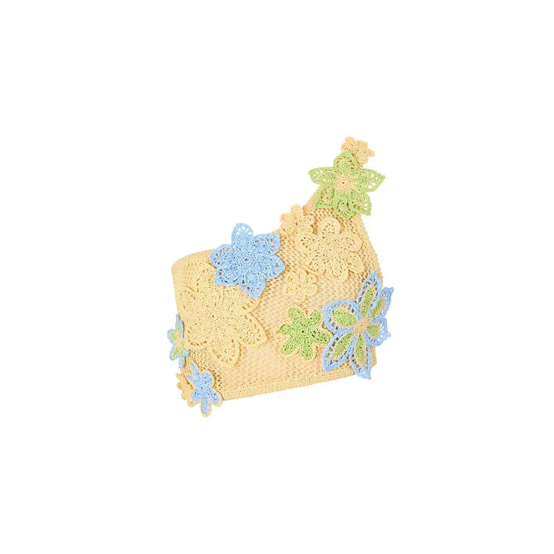 שמלת חוף רשת סרוגה / סט חוף שני חלקים טופ וחצאית מקסי רשת סרוגה בעיטור אפליקציות פרחים - סאנשיין