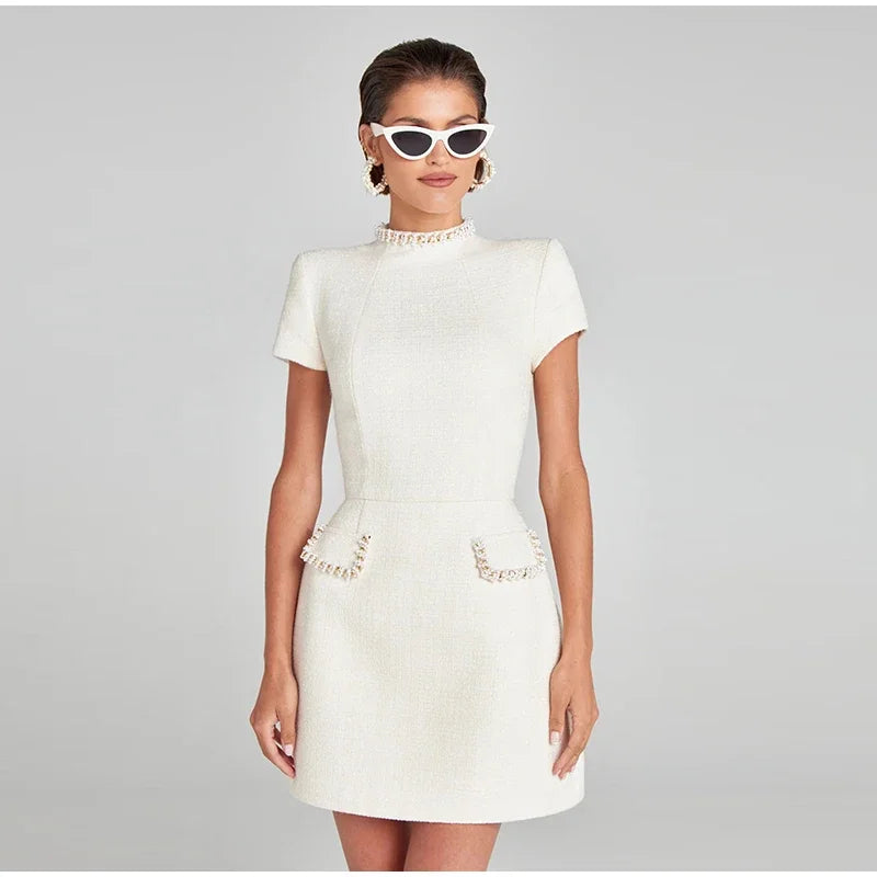 שמלת מיני אלגנטית שרוול קצר/ארוך סגנון מחויט בד ארוג בעיטור נצנצים ופנינים - Lucia