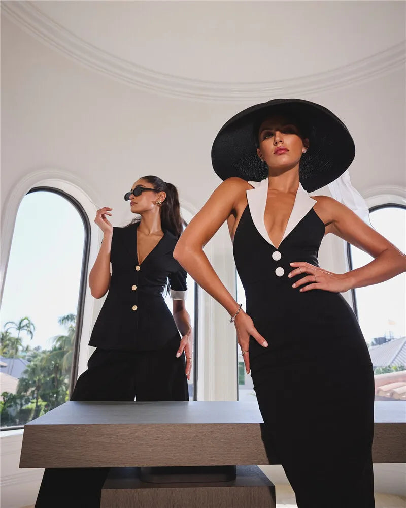 שמלת מקסי אלגנטית בעיטור כפתורים גב פתוח - לינדה