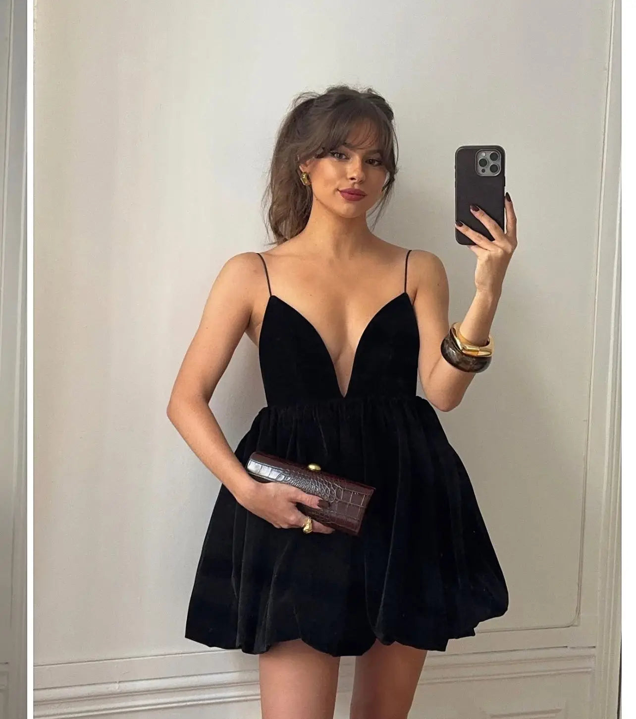 שמלת מיני בלון בד קטיפה גב פתוח - Myla