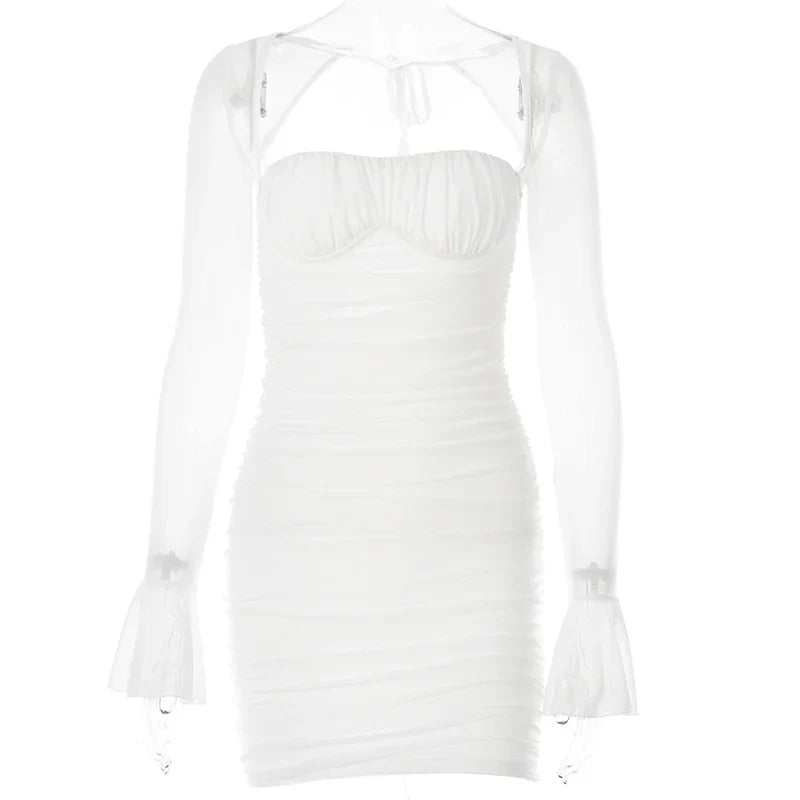 שמלת מיני כיווצים גב פתוח שרוולי רשת - אריאנה