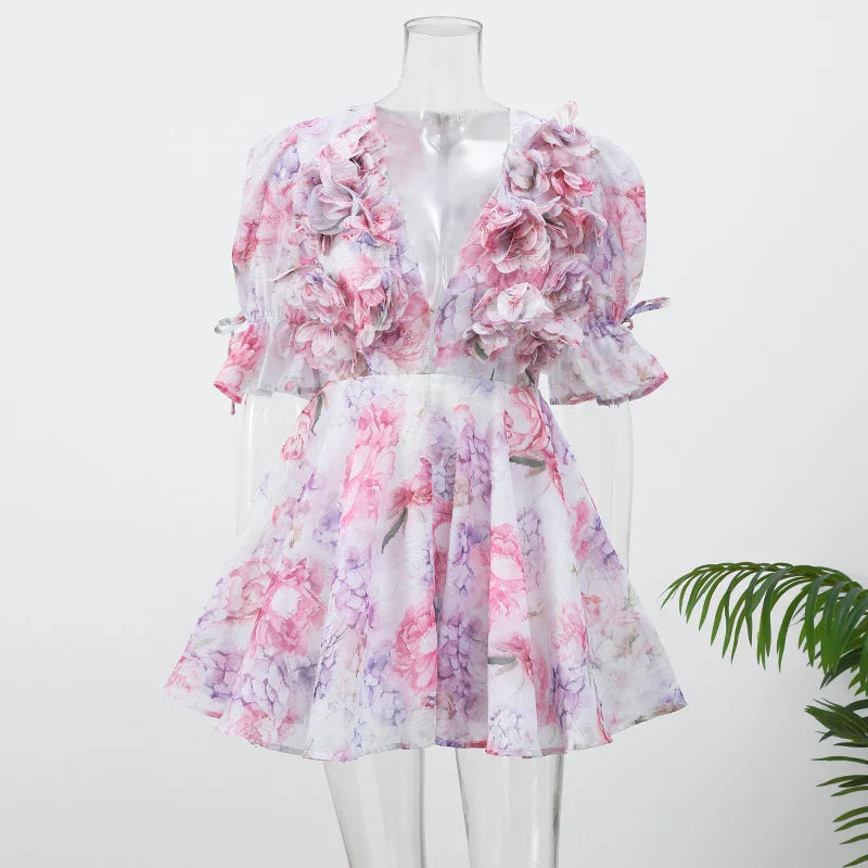 שמלת מיני שיפון מלמלה בעיצוב פרחוני 3D - מיה