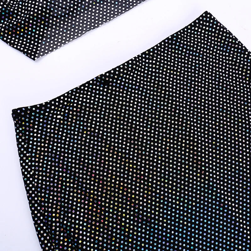 סט שני חלקים חצאית מקסי וטופ בעיטור זרקונים מנצנצים - שייני