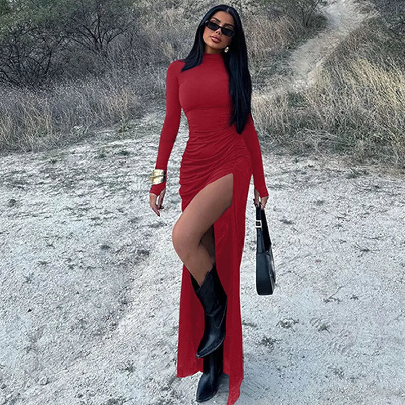 שמלת מקסי כיווצים צווארון גולף בעיצוב שסע עמוק - סאשה