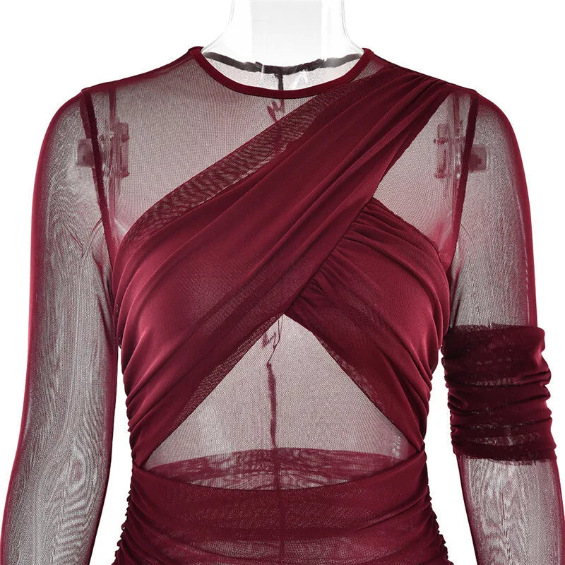 שמלת מקסי רשת בעיצוב כיווצים - גוון