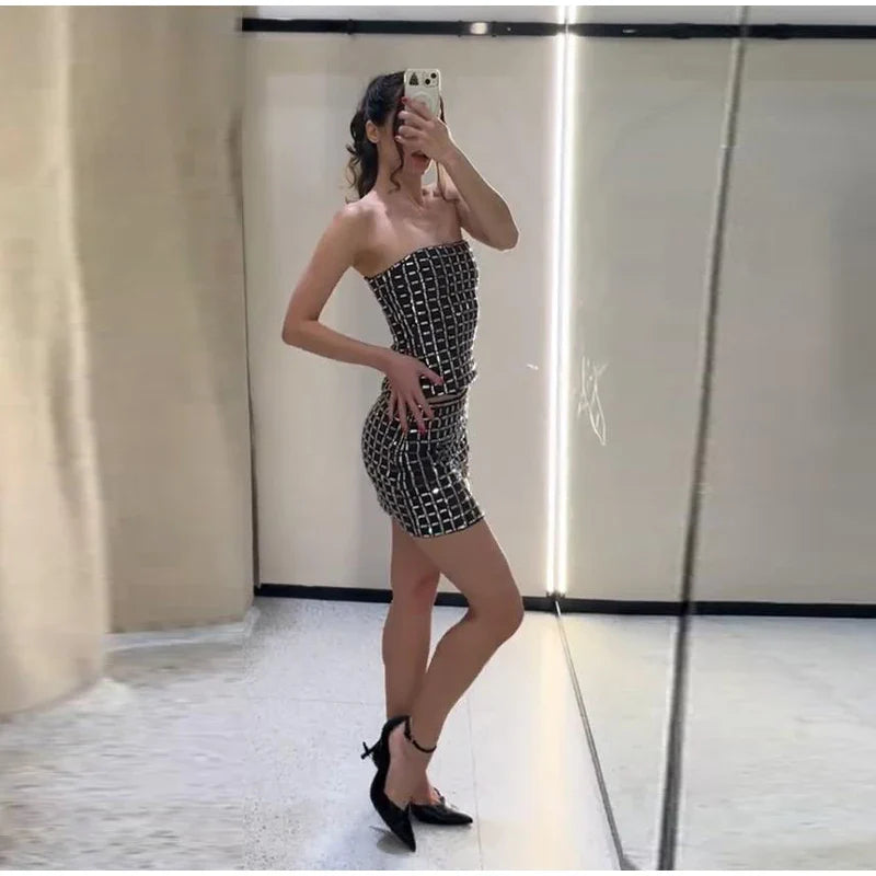 Strapless top/mini skirt/maxi dress/maxi dress with sparkling rhinestones