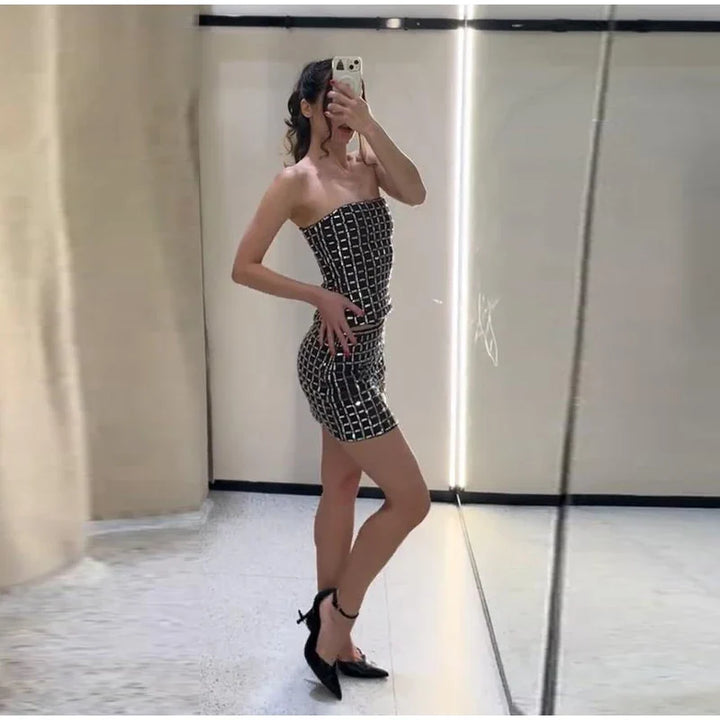 Strapless top/mini skirt/maxi dress/maxi dress with sparkling rhinestones