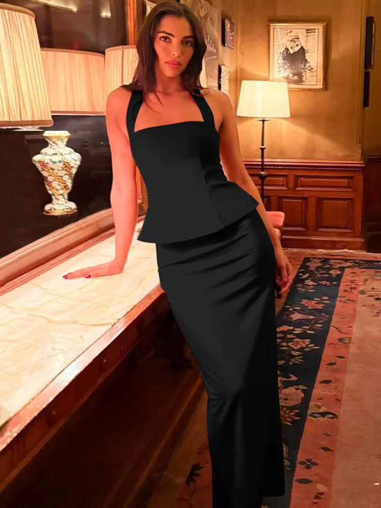 חליפת שני חלקים מחויטת טופ גב פתוח וחצאית מקסי - הלני