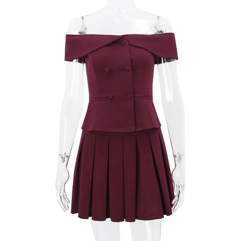 סט אלגנטי שני חלקים חצאית מיני ווסט כפתורים כתפיים חשופות - קולין