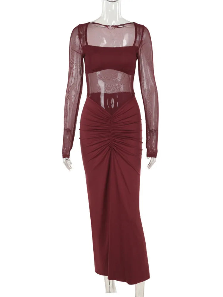 שמלת מקסי בעיצוב כיווצים ורשת - לאורן