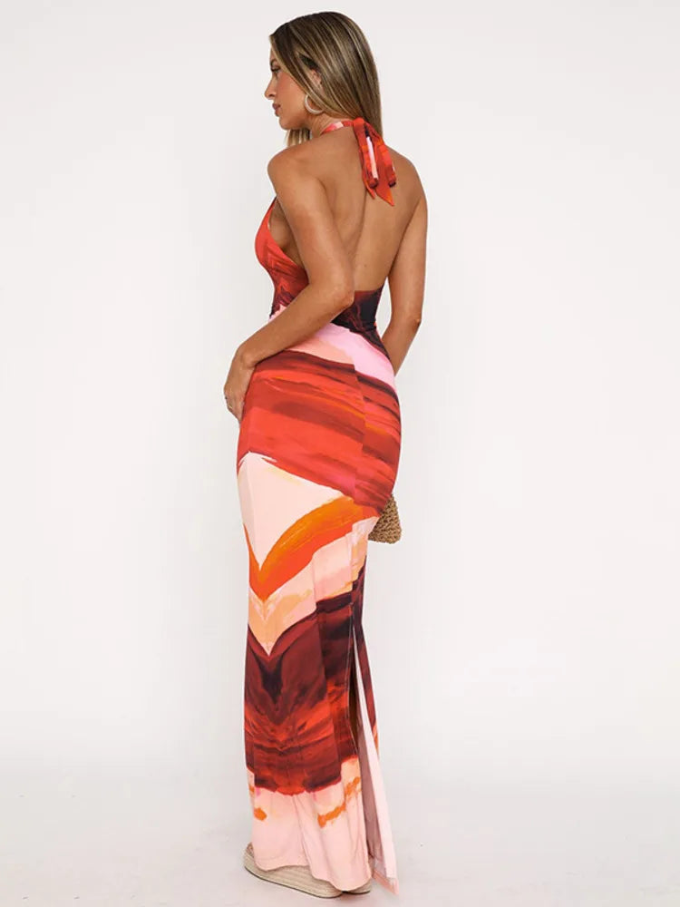 שמלת מקסי בהדפס צבעוני קשירה בצוואר גב פתוח - חוליה
