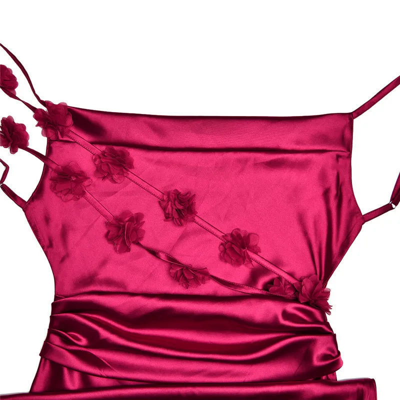 שמלת מקסי סאטן בעיטור רצועות פרחים בגב - ולנסיה