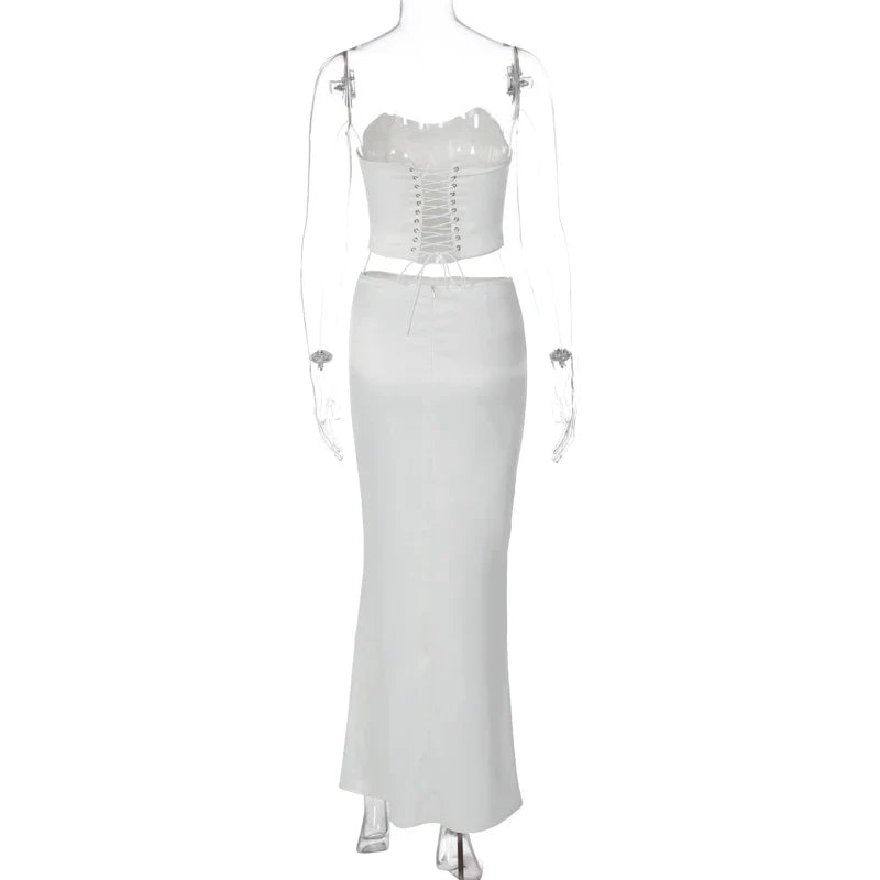 סט סאטן שני חלקים טופ סטרפלס וחצאית מקסי - סיאנה