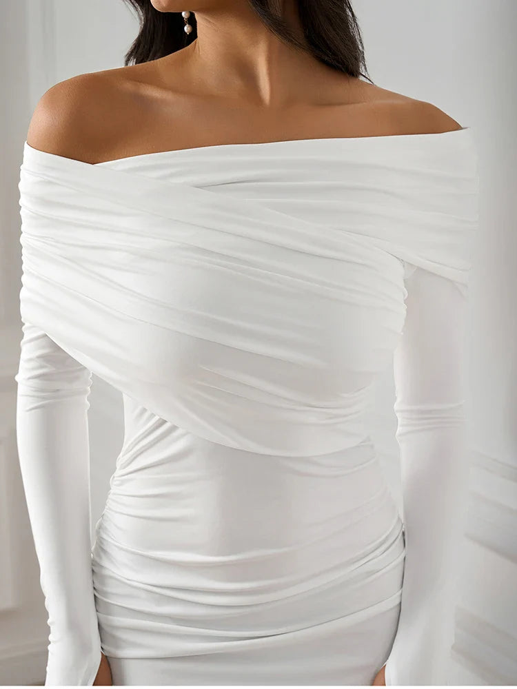 שמלת מקסי כיווצים בעיצוב כתף חשופה - שראלה