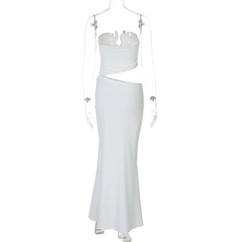 שמלת מקסי סטרפלס בסגנון חתוך בעיטור אבזם - טאי