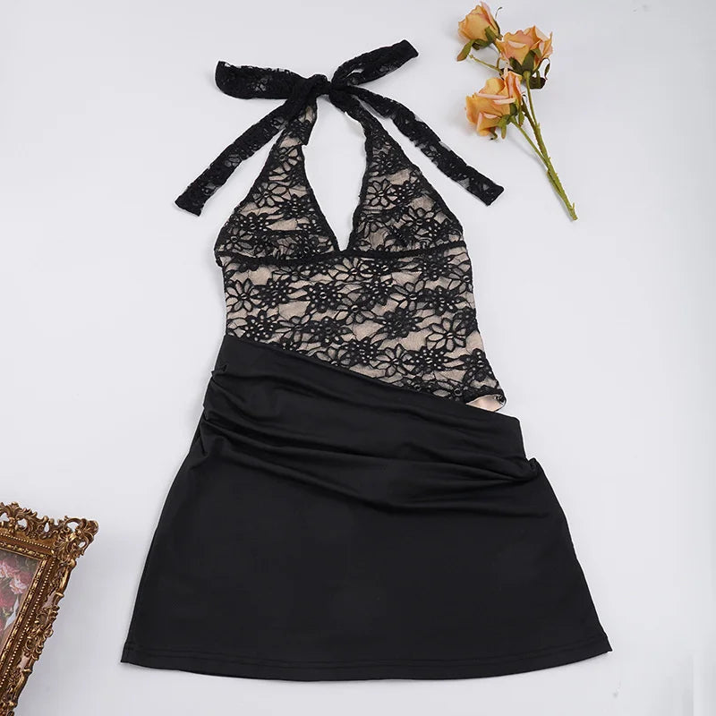 Pleated mini dress in lace bodysuit design - LISS