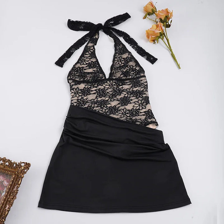 Pleated mini dress in lace bodysuit design - LISS