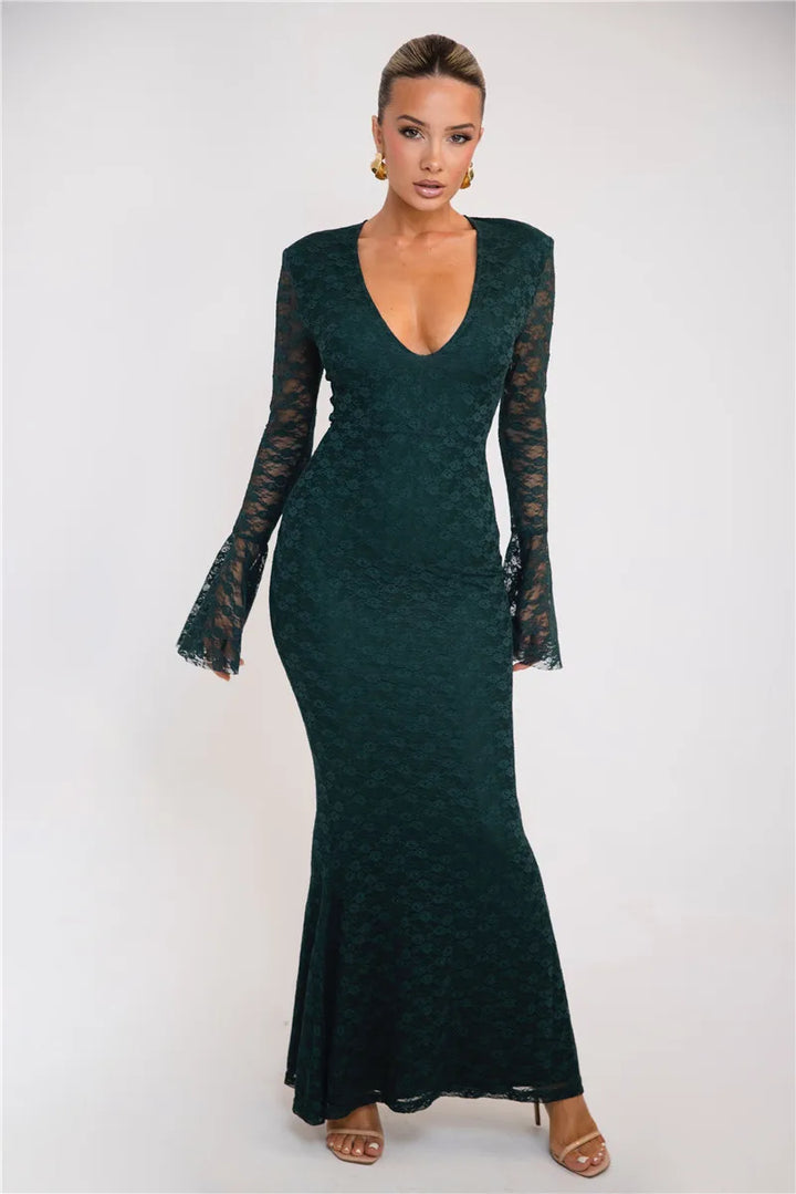 Bell Sleeve Lace Maxi Dress V Neckline - Zohara