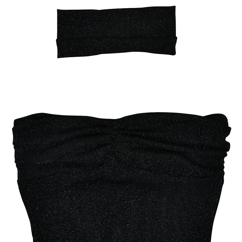 שמלת סטרפלס מקסי רשת נצנצים בעיטור כיווצים - Haisley