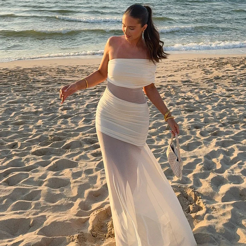 שמלת מקסי כיווצים בעיצוב שיפון כתפיים חשופות - מלאניה