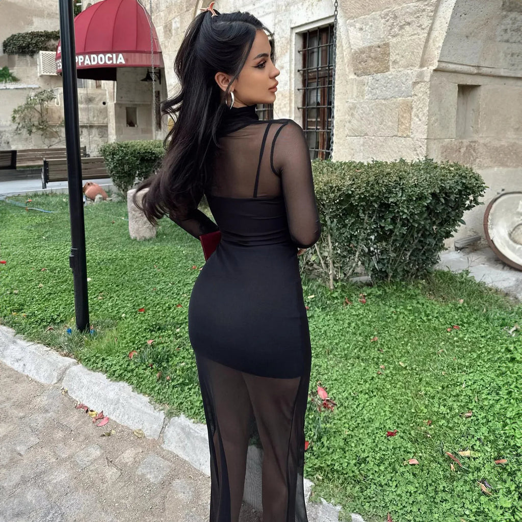 שמלת מקסי רשת בשילוב תחתית צווארון גולף - Isabella