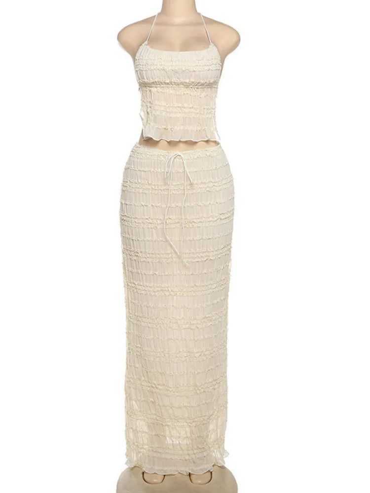 סט שני חלקים בעיצוב שיפון וכיווצים טופ קשירה וחצאית מקסי - אורורה