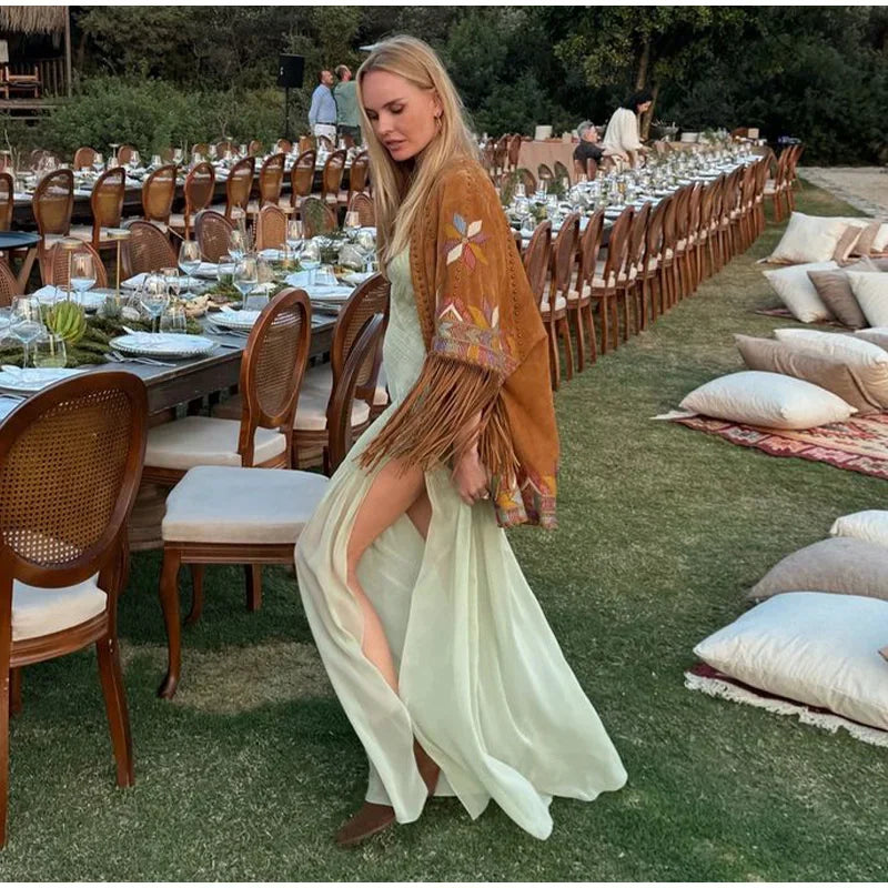 שמלת מקסי שיפון בעיצוב כיווצים ושסע סטייל בוהו שיק - חלי