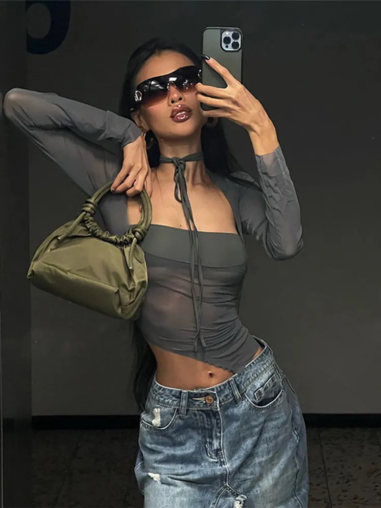 חולצת רשת בחיתוך אסימטרי - ניקס