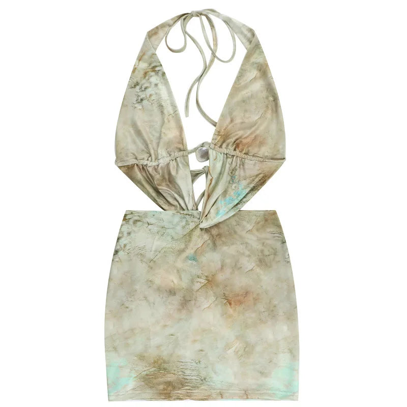 שמלת מיני קשירה בצוואר גב פתוח בעיצוב הדפס מיוחד - וונדה