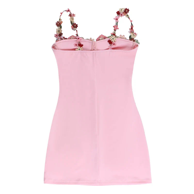 שמלת מיני בעיטור רקמת וכתפיות פרחים בעיטור חוט קשירה סאטן - ליליה