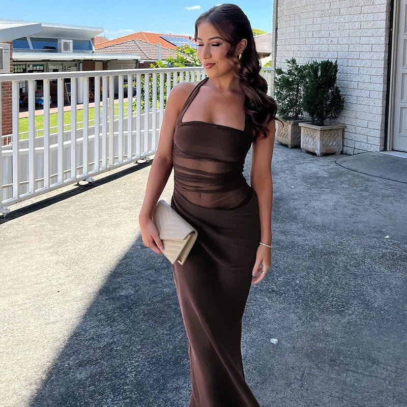 שמלת מקסי סאטן כיווצים בעיצוב רשת בחלק העליון גב פתוח - Arya