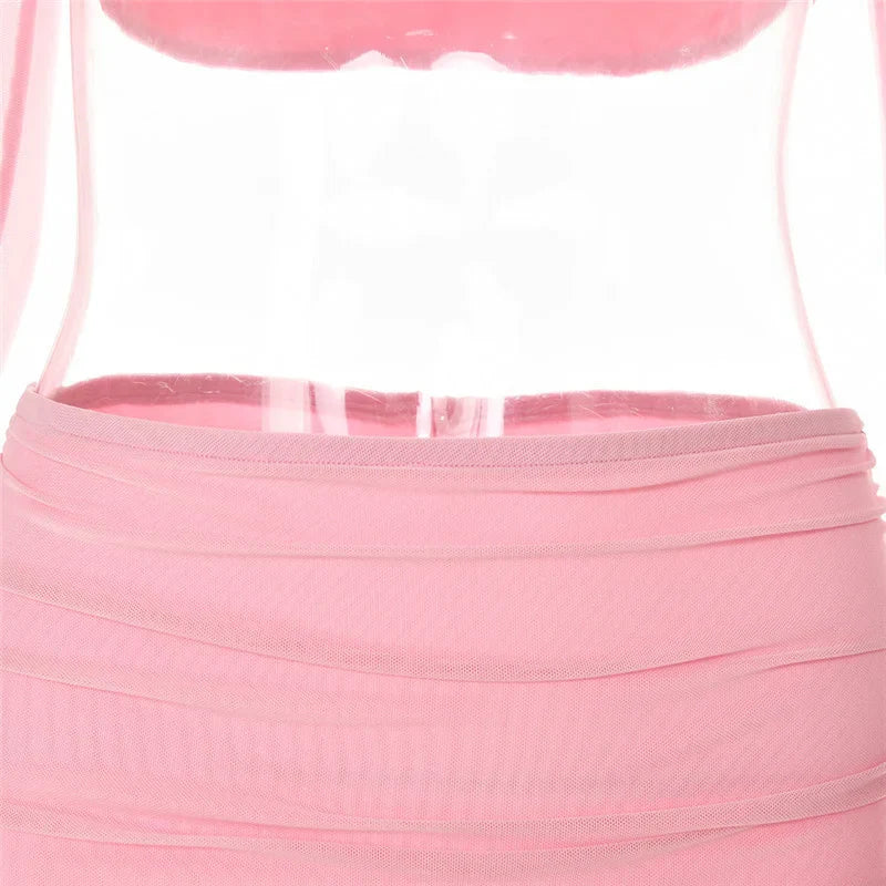 סט (חלק/נצנצים) שני חלקים חצאית מיני כיווצים בעיטור מלמלה וטופ שרוולי רשת - MICHEL