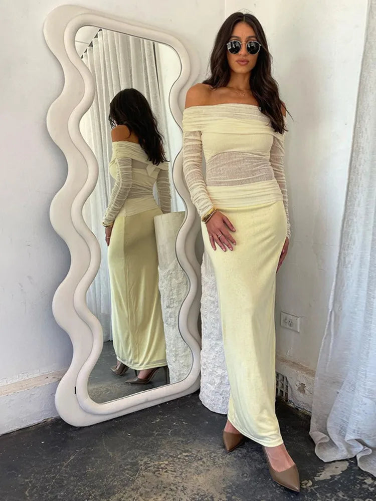 סט שני חלקים חצאית מקסי וחולצת רשת כתפיים חשופות - בלינה