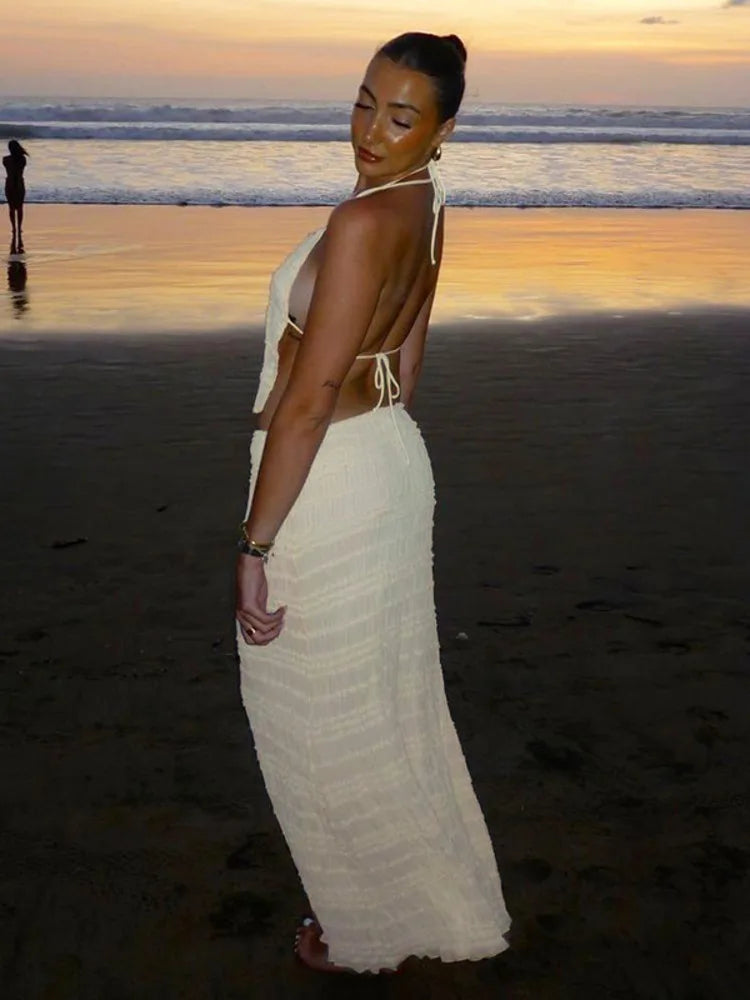 סט שני חלקים בעיצוב שיפון וכיווצים טופ קשירה וחצאית מקסי - אורורה