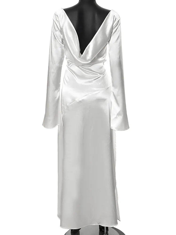 שמלת ערב מקסי סאטן גב פתוח בשילוב שסע ושרוולי פעמון  - מריאן