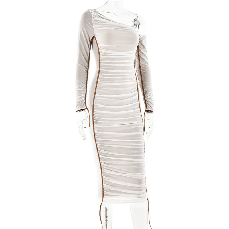 שמלת מידי כיווצים קו צוואר משופע - LOV