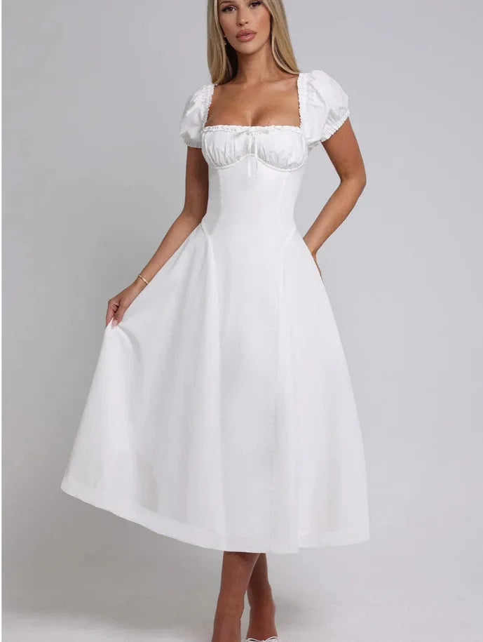 שמלת מקסי בגזרת A בעיצוב כתפיים חשופות שרוולים נפוחים - ג'ינה