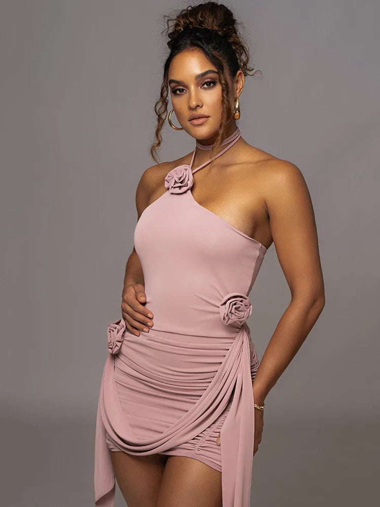 שמלת מיני כיווצים בעיצוב קשירה בצוואר בעיטור אפליקציות פרחים - ג'סמינה