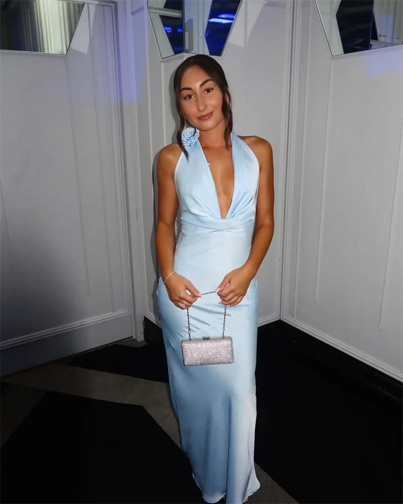 שמלת מקסי סאטן גב פתוח צווארון נופל - פאולה