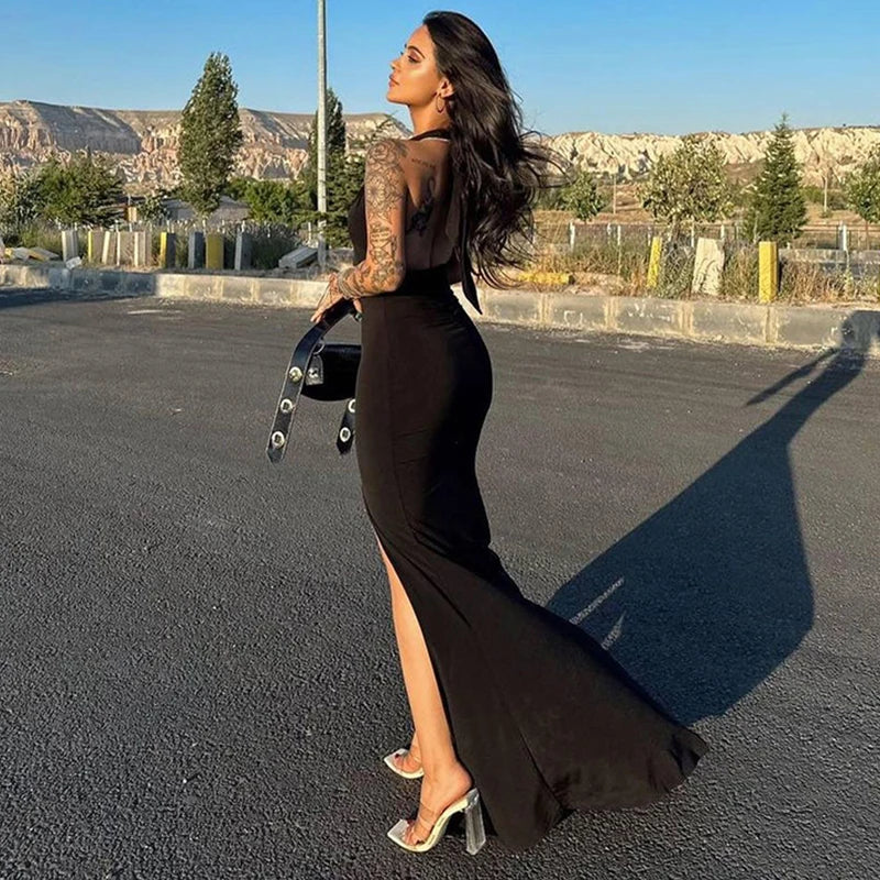 שמלת מקסי צמוד בצוואר בעיטור שסע - יעלה